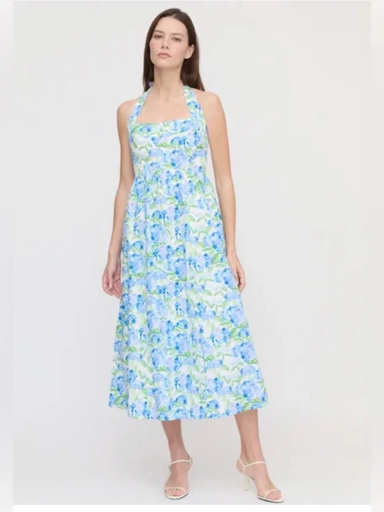 Hill House x La Coqueta Fleur Midi Dress Blue Hydrangea Halter Cotton L NWT - Picture 1 of 6
